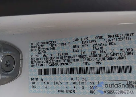 2022 Ford Escape Se from USA, damaged, VIN 1FMCU9G60NUB92077